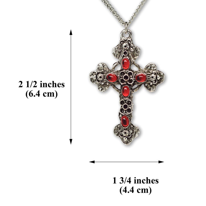 Real Metal Gothic Filigree Cross with Red Stones Medieval Renaissance Pewter Pendant Necklace - Image 3